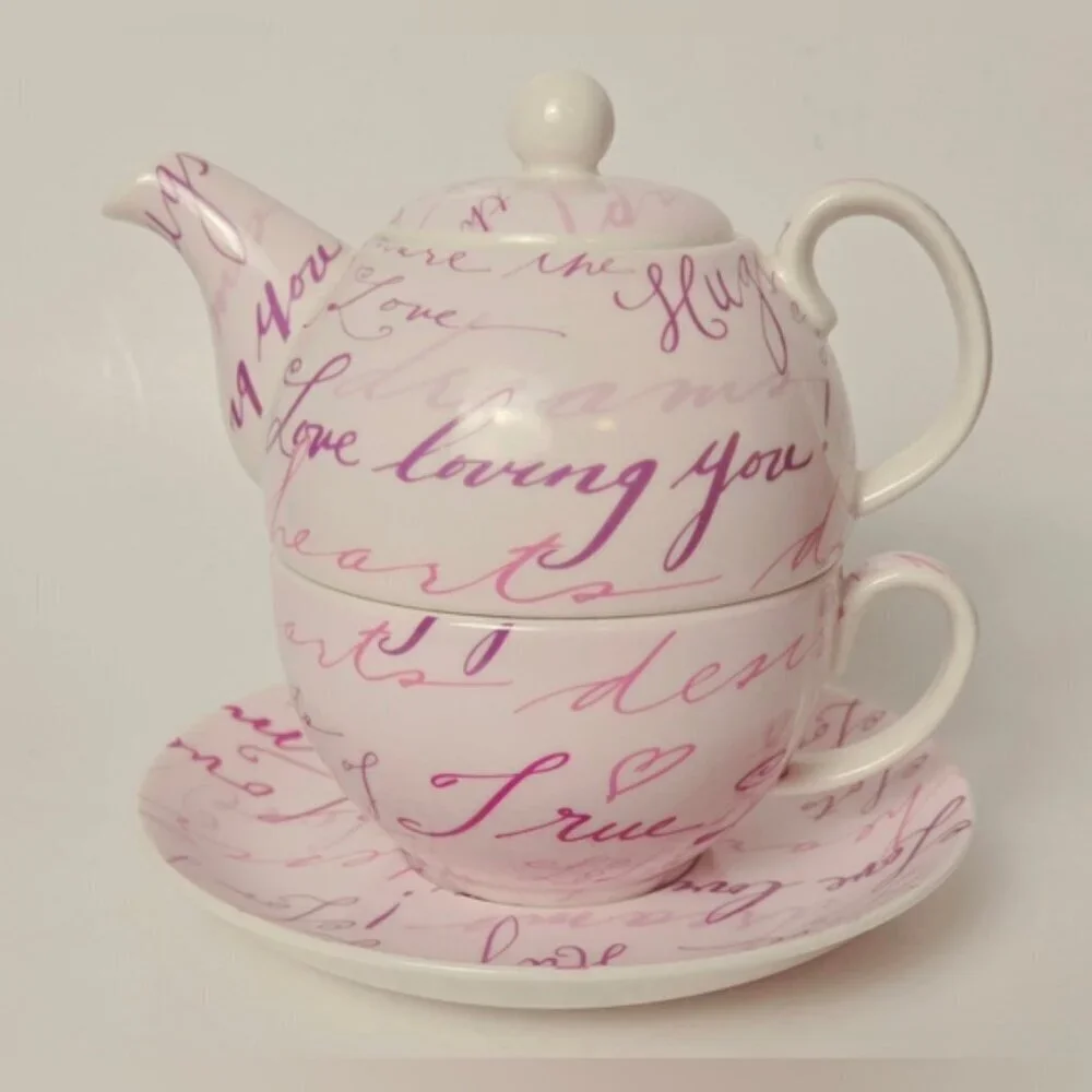 Tea For One Teapot Cup Saucer Set Pink Script Romantic Gift Set